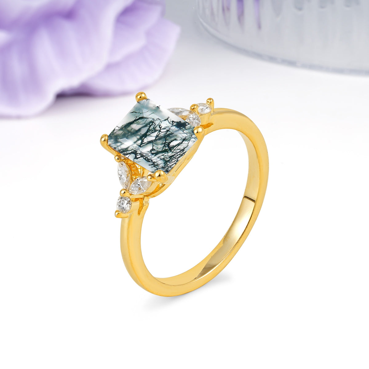 Vintage Classic 4-Prong Emerald Cut Moss Agate Engagement Ring - Additional view