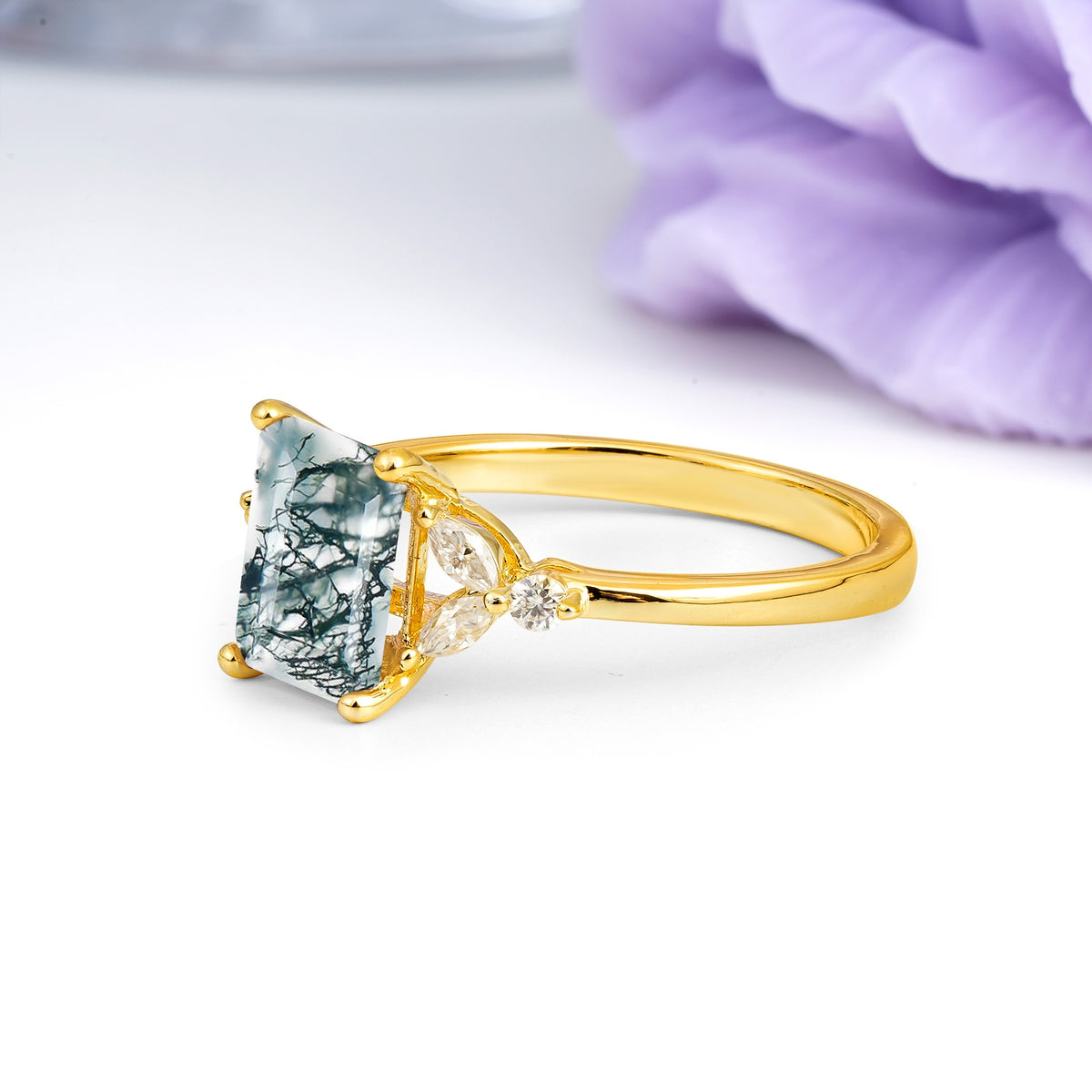 Vintage Classic 4-Prong Emerald Cut Moss Agate Engagement Ring - Additional view