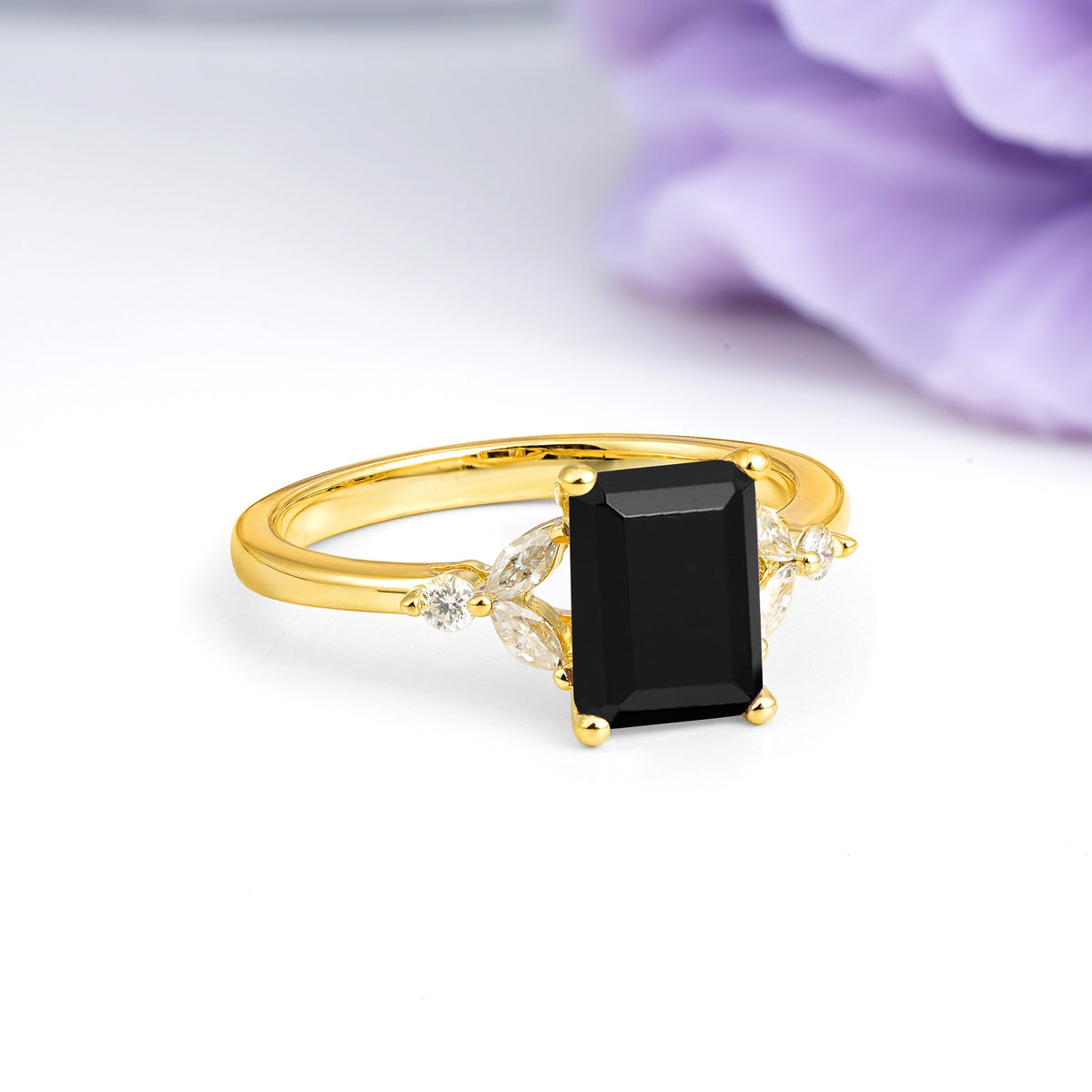 Vintage Classic 4-Prong Emerald Cut Black Onyx Engagement Ring - Additional view