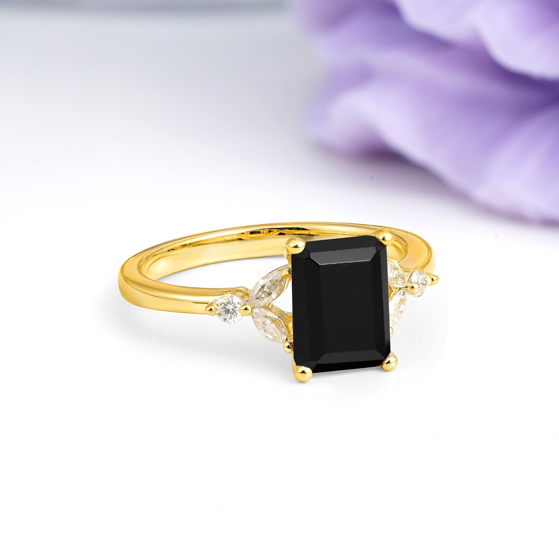 Vintage Classic 4-Prong Emerald Cut Black Onyx Engagement Ring - Additional view
