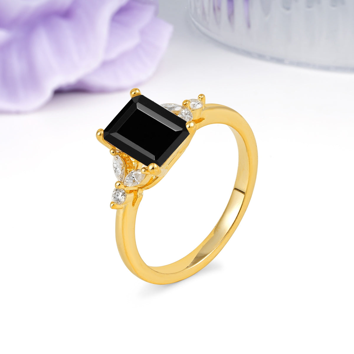 Vintage Classic 4-Prong Emerald Cut Black Onyx Engagement Ring - Additional view