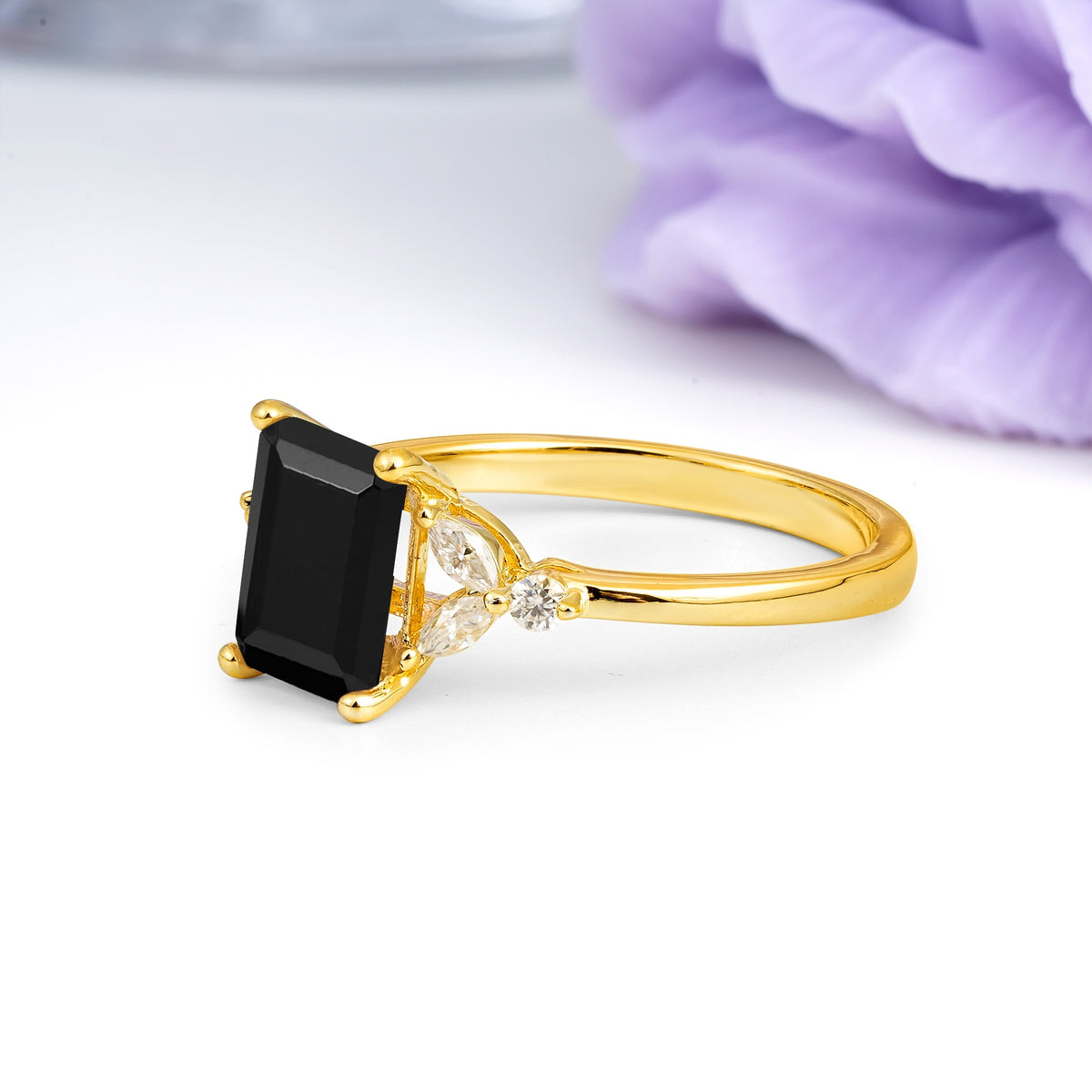 Vintage Classic 4-Prong Emerald Cut Black Onyx Engagement Ring - Additional view