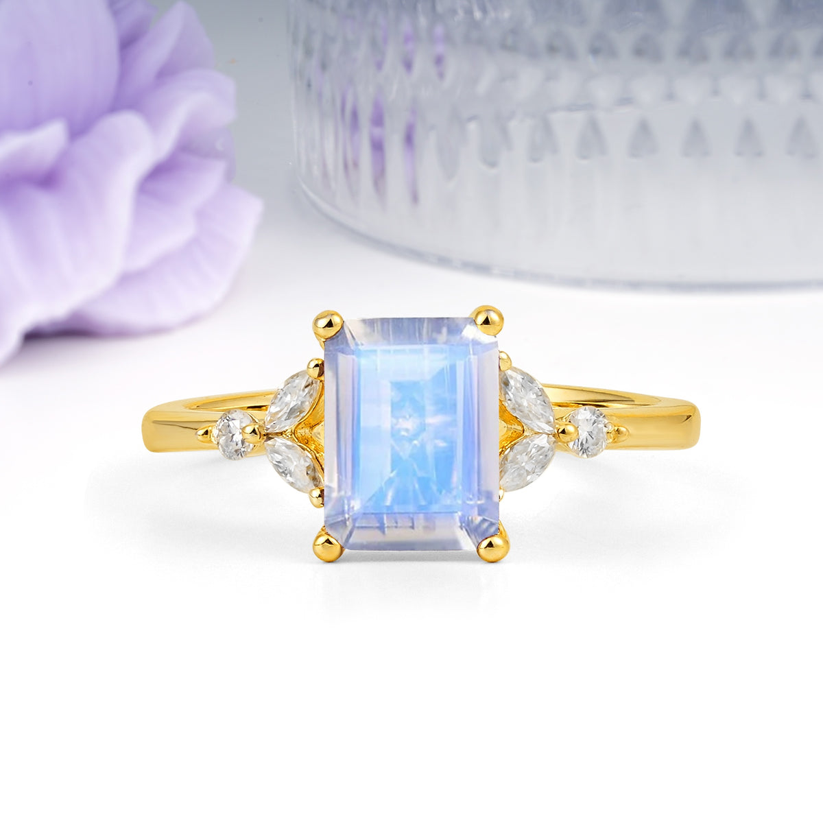 Vintage Classic 4-Prong Emerald Cut Moonstone Engagement Ring - Additional view