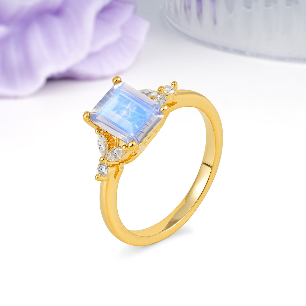 Vintage Classic 4-Prong Emerald Cut Moonstone Engagement Ring - Additional view