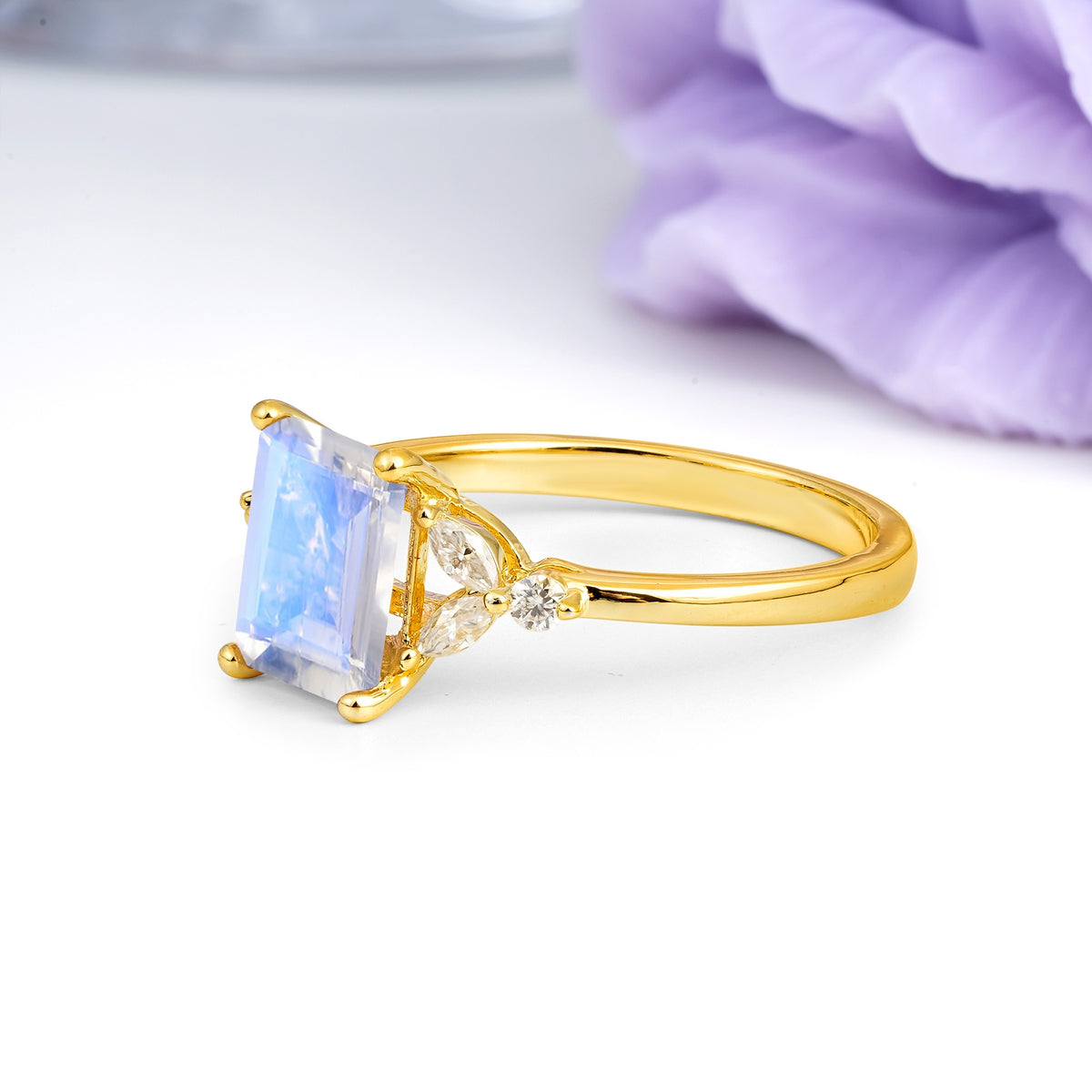 Vintage Classic 4-Prong Emerald Cut Moonstone Engagement Ring - Additional view