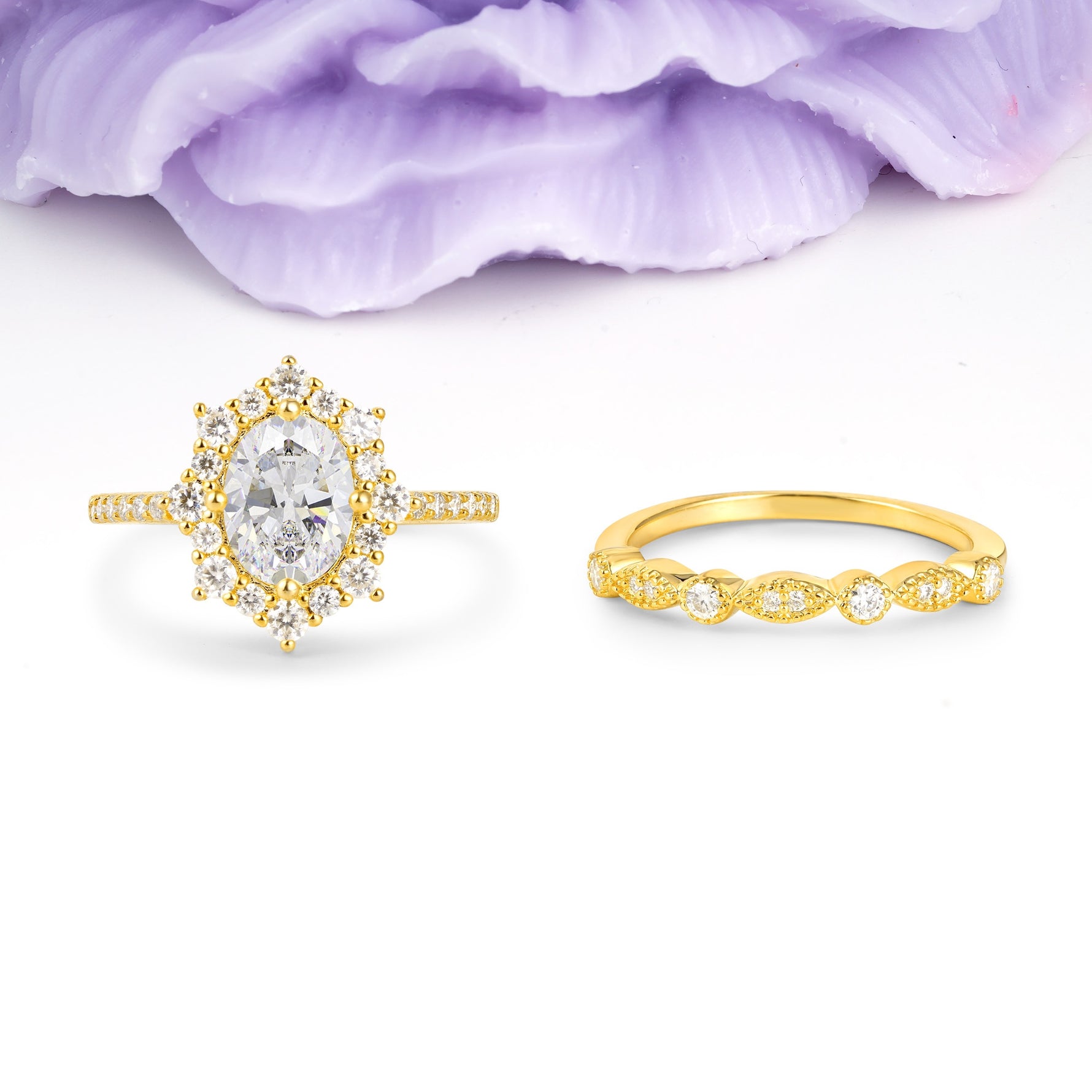 Minimal Polished Inner Band Two In One Oval Cut Halo Vintage Lace Stackable Moissanite Bridal ring set - Yellow-Gold