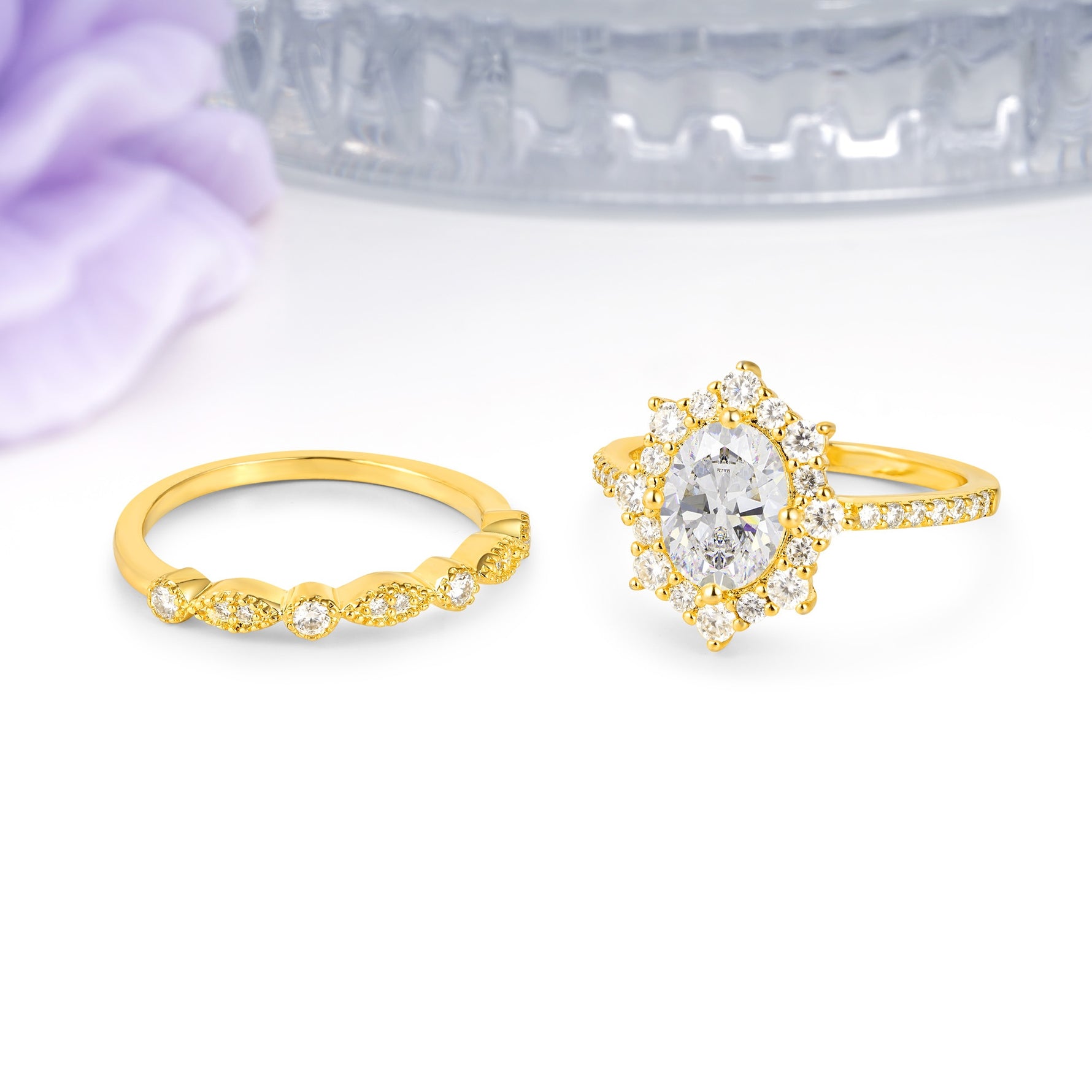 Minimal Polished Inner Band Two In One Oval Cut Halo Vintage Lace Stackable Moissanite Bridal ring set - Additional view