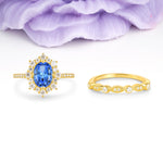 Minimal Polished Inner Band Two In One Oval Cut Halo Vintage Lace Stackable Sapphire Bridal ring set - Yellow-Gold