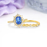 Minimal Polished Inner Band Two In One Oval Cut Halo Vintage Lace Stackable Sapphire Bridal ring set - Rose-Gold