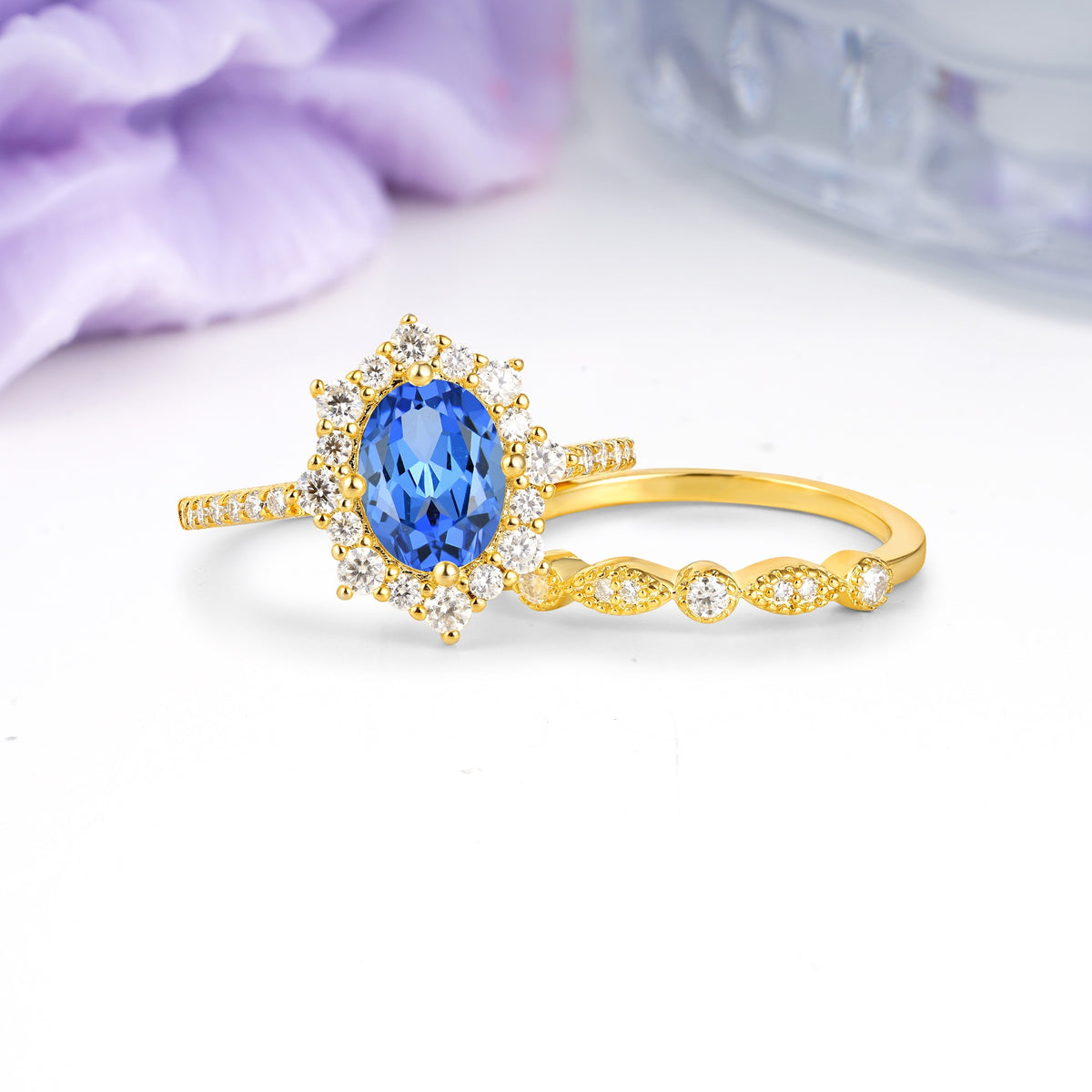 Minimal Polished Inner Band Two In One Oval Cut Halo Vintage Lace Stackable Sapphire Bridal ring set - Rose-Gold