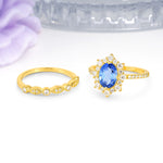 Minimal Polished Inner Band Two In One Oval Cut Halo Vintage Lace Stackable Sapphire Bridal ring set - Additional view