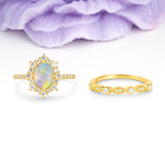 Minimal Polished Inner Band Two In One Oval Cut Halo Vintage Lace Stackable Fire Opal Bridal ring set - Yellow-Gold