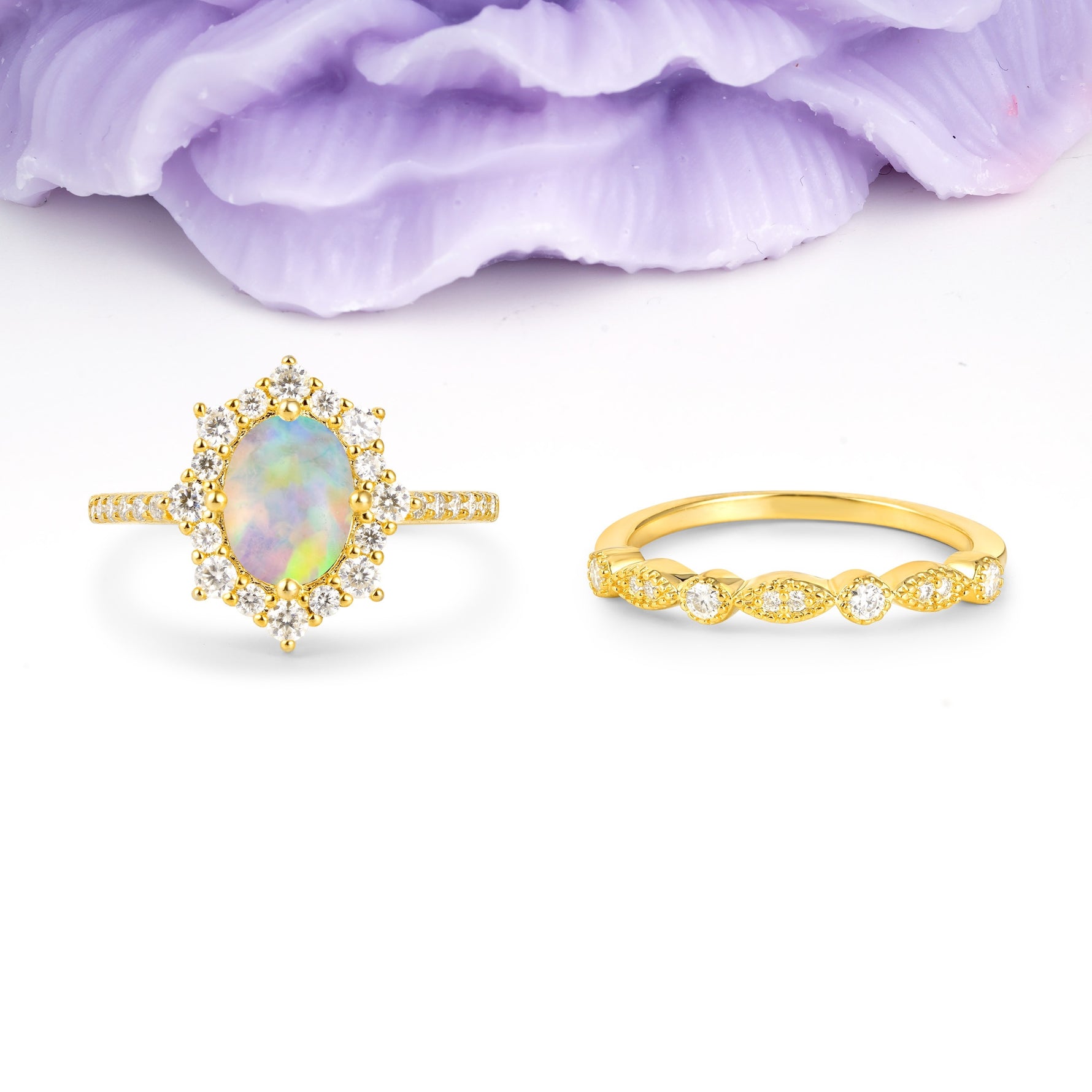 Minimal Polished Inner Band Two In One Oval Cut Halo Vintage Lace Stackable Fire Opal Bridal ring set - Yellow-Gold