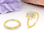 Minimal Polished Inner Band Two In One Oval Cut Halo Vintage Lace Stackable Fire Opal Bridal ring set - White-Gold