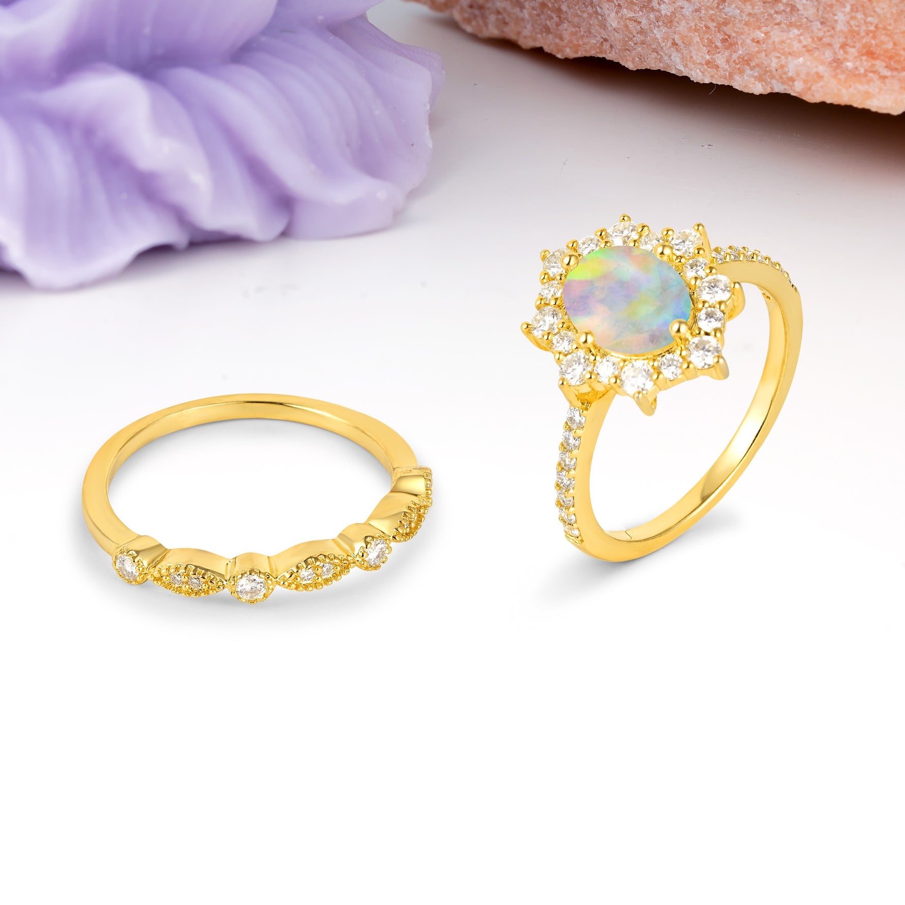 Minimal Polished Inner Band Two In One Oval Cut Halo Vintage Lace Stackable Fire Opal Bridal ring set - White-Gold
