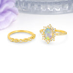 Minimal Polished Inner Band Two In One Oval Cut Halo Vintage Lace Stackable Fire Opal Bridal ring set - Additional view