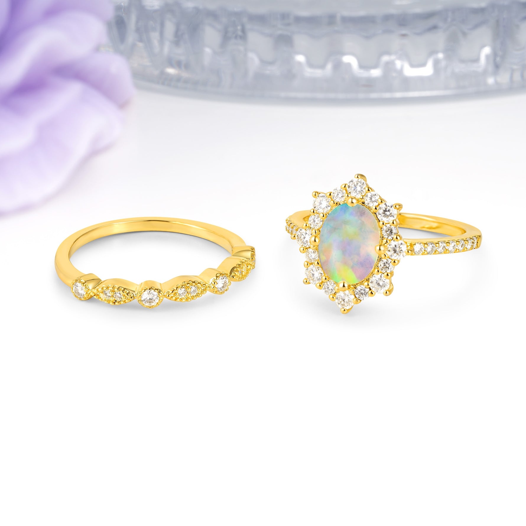 Minimal Polished Inner Band Two In One Oval Cut Halo Vintage Lace Stackable Fire Opal Bridal ring set - Additional view