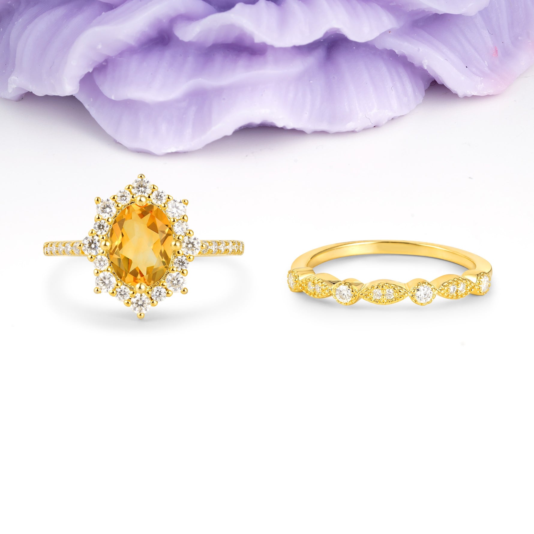 Minimal Polished Inner Band Two In One Oval Cut Halo Vintage Lace Stackable Citrine Bridal ring set - Yellow-Gold