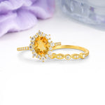 Minimal Polished Inner Band Two In One Oval Cut Halo Vintage Lace Stackable Citrine Bridal ring set - Rose-Gold
