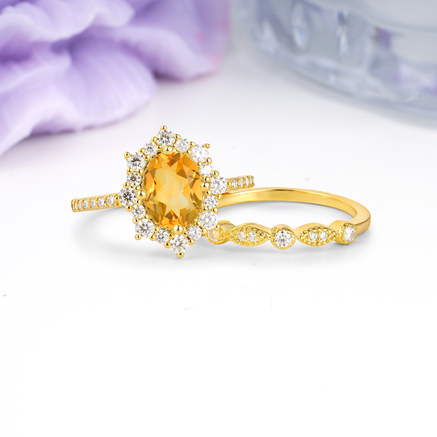Minimal Polished Inner Band Two In One Oval Cut Halo Vintage Lace Stackable Citrine Bridal ring set - Rose-Gold
