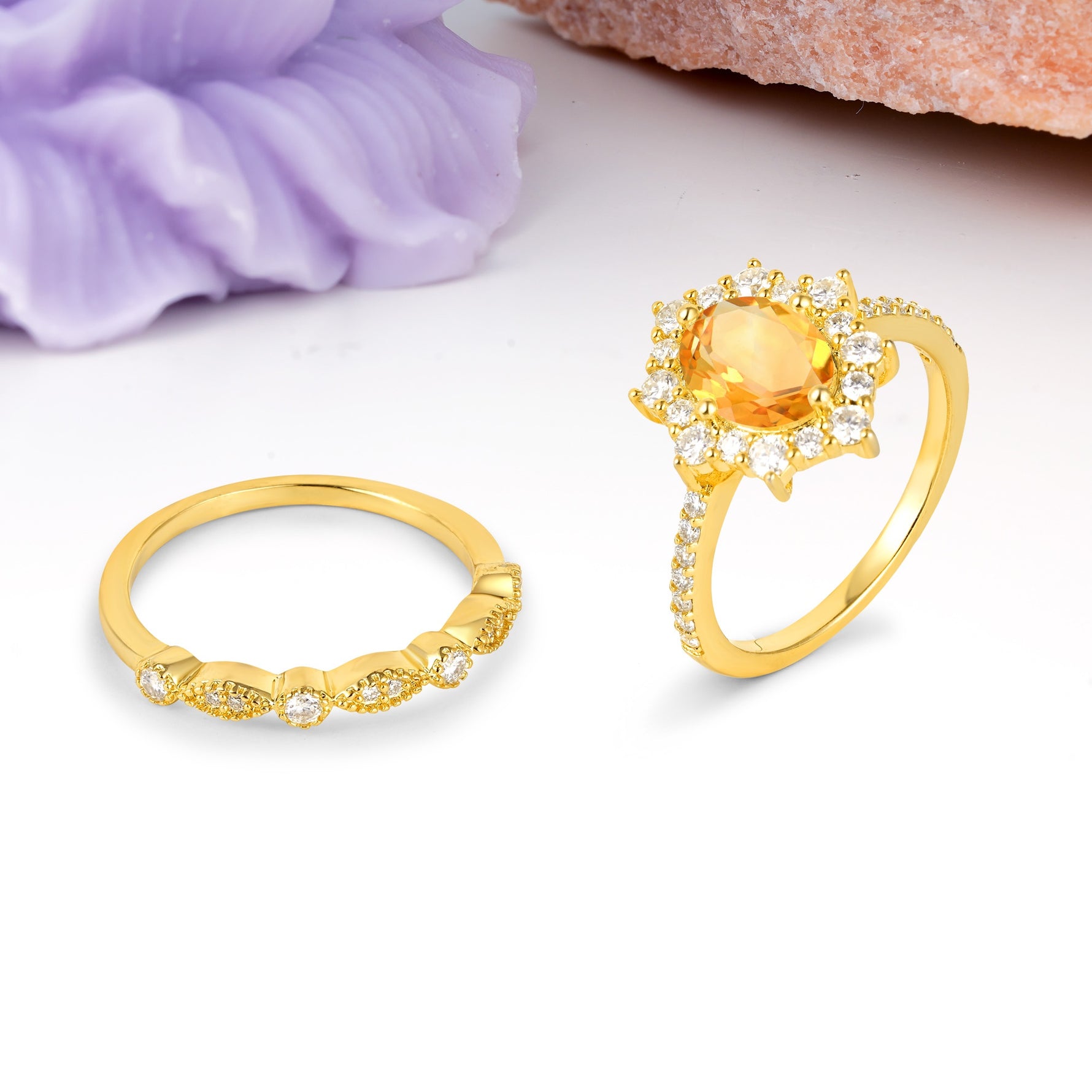 Minimal Polished Inner Band Two In One Oval Cut Halo Vintage Lace Stackable Citrine Bridal ring set - White-Gold