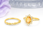 Minimal Polished Inner Band Two In One Oval Cut Halo Vintage Lace Stackable Citrine Bridal ring set - Additional view