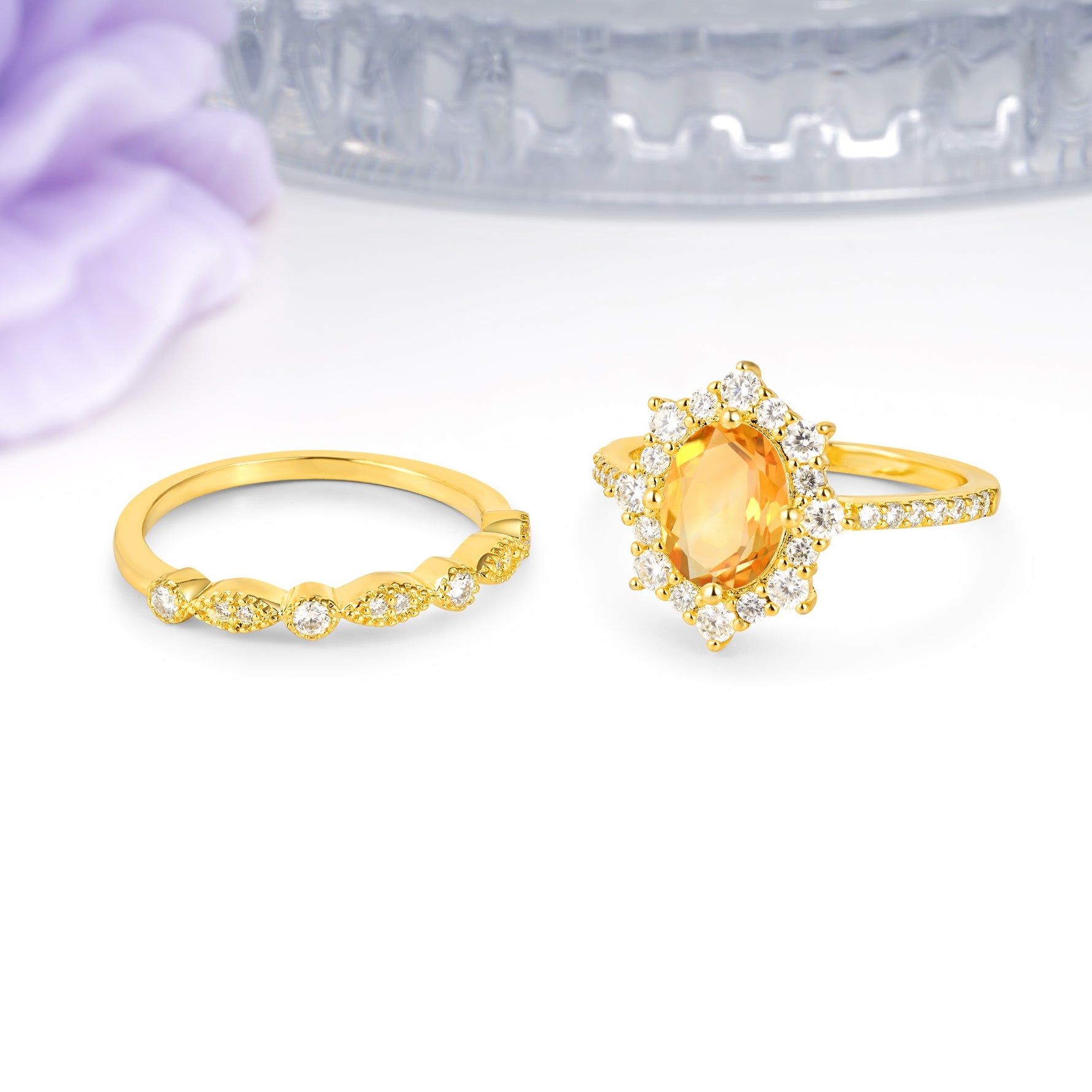 Minimal Polished Inner Band Two In One Oval Cut Halo Vintage Lace Stackable Citrine Bridal ring set - Additional view