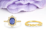 Minimal Polished Inner Band Two In One Oval Cut Halo Vintage Lace Stackable Tanzanite Bridal ring set - Yellow-Gold