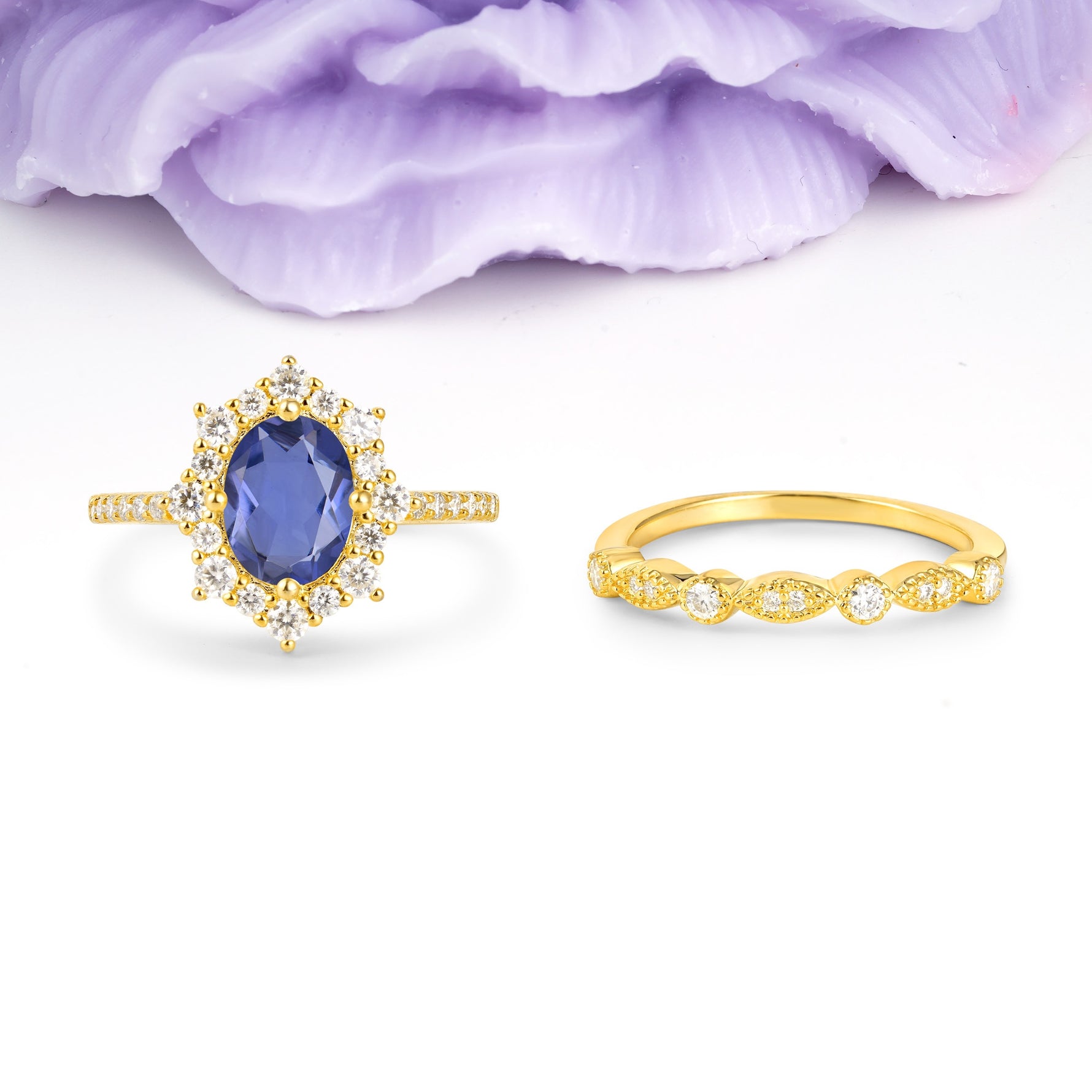 Minimal Polished Inner Band Two In One Oval Cut Halo Vintage Lace Stackable Tanzanite Bridal ring set - Yellow-Gold