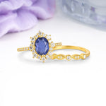 Minimal Polished Inner Band Two In One Oval Cut Halo Vintage Lace Stackable Tanzanite Bridal ring set - Rose-Gold