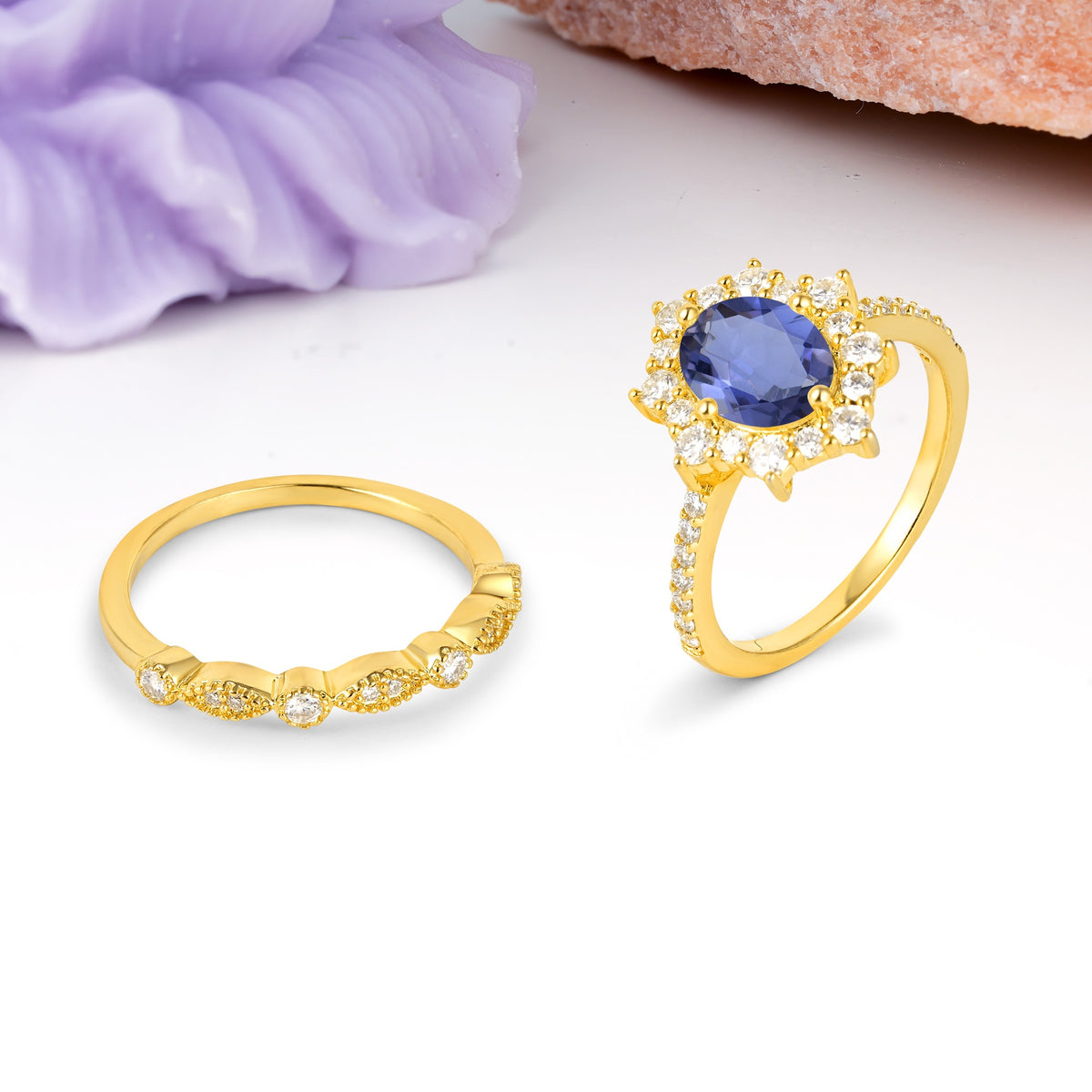 Minimal Polished Inner Band Two In One Oval Cut Halo Vintage Lace Stackable Tanzanite Bridal ring set - White-Gold