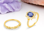 Minimal Polished Inner Band Two In One Oval Cut Halo Vintage Lace Stackable Tanzanite Bridal ring set - White-Gold