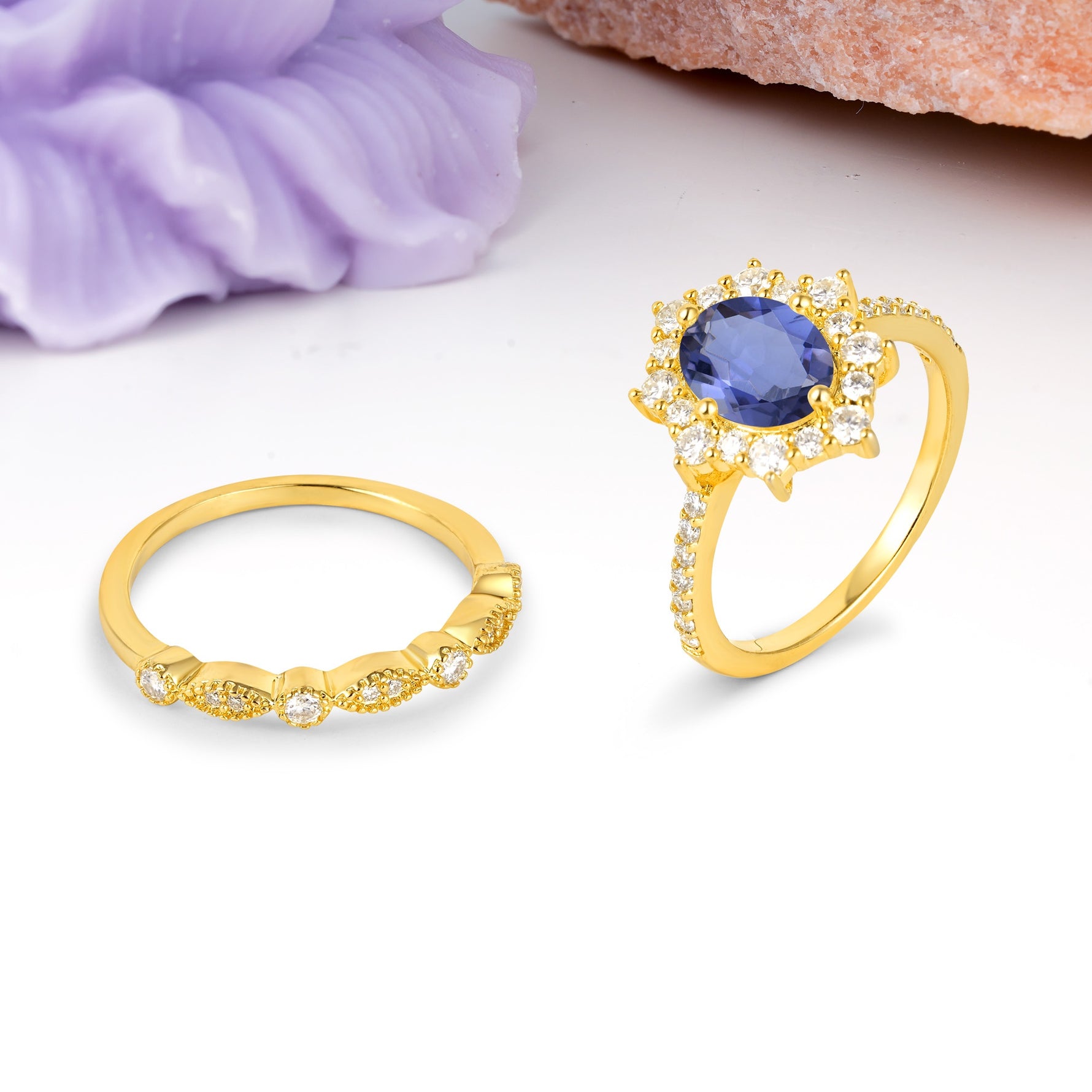 Minimal Polished Inner Band Two In One Oval Cut Halo Vintage Lace Stackable Tanzanite Bridal ring set - White-Gold