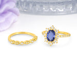 Minimal Polished Inner Band Two In One Oval Cut Halo Vintage Lace Stackable Tanzanite Bridal ring set - Additional view