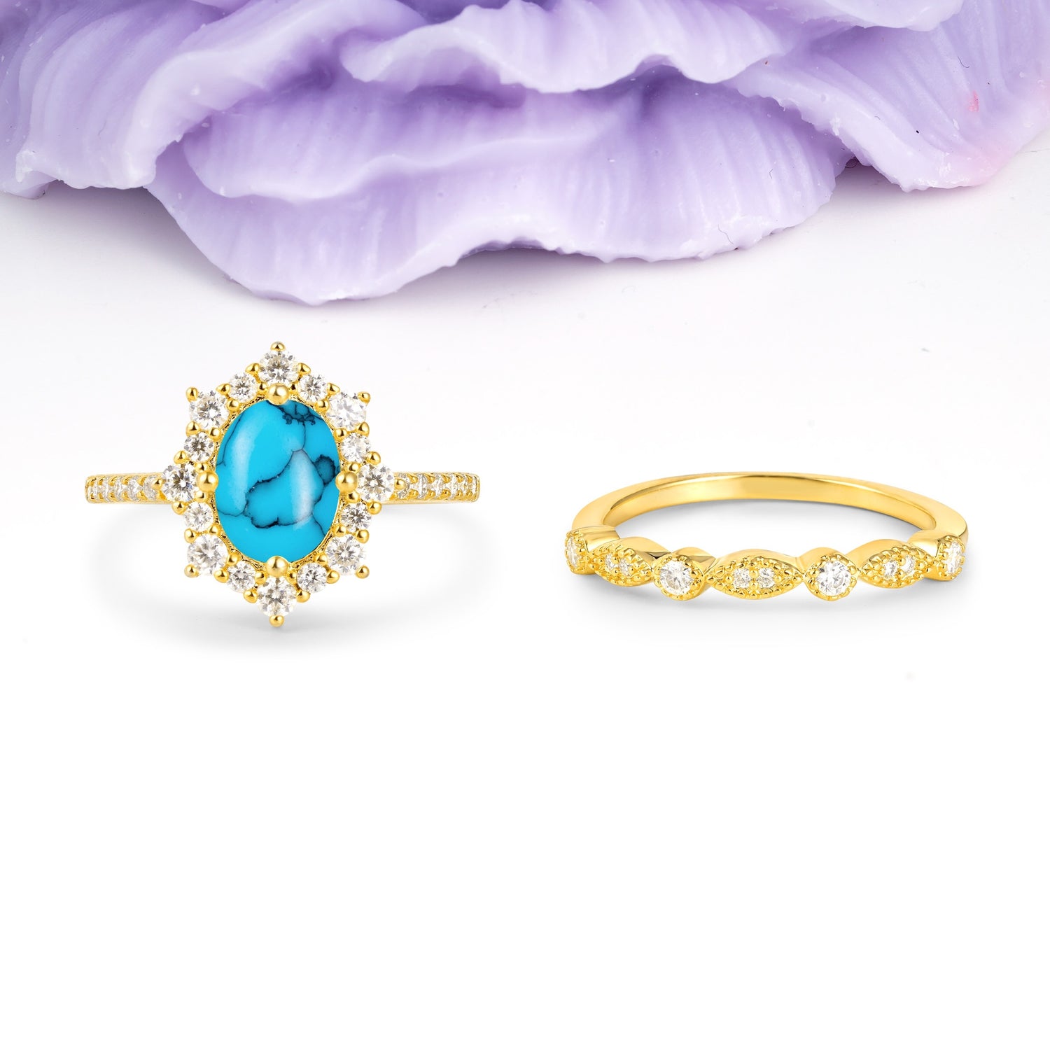Minimal Polished Inner Band Two In One Oval Cut Halo Vintage Lace Stackable Turquoise Bridal ring set - Yellow-Gold