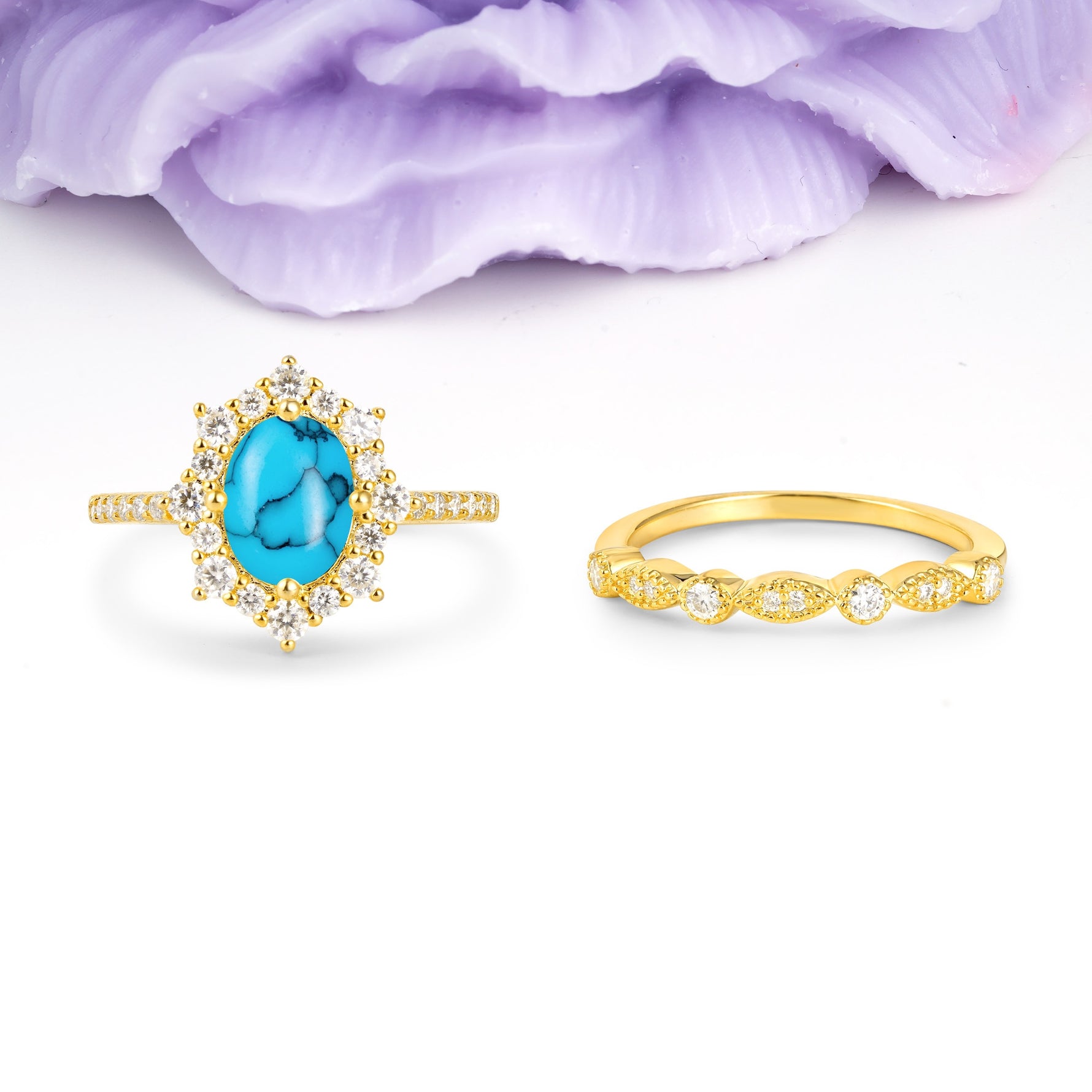 Minimal Polished Inner Band Two In One Oval Cut Halo Vintage Lace Stackable Turquoise Bridal ring set - Yellow-Gold