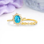 Minimal Polished Inner Band Two In One Oval Cut Halo Vintage Lace Stackable Turquoise Bridal ring set - Rose-Gold