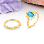 Minimal Polished Inner Band Two In One Oval Cut Halo Vintage Lace Stackable Turquoise Bridal ring set - White-Gold