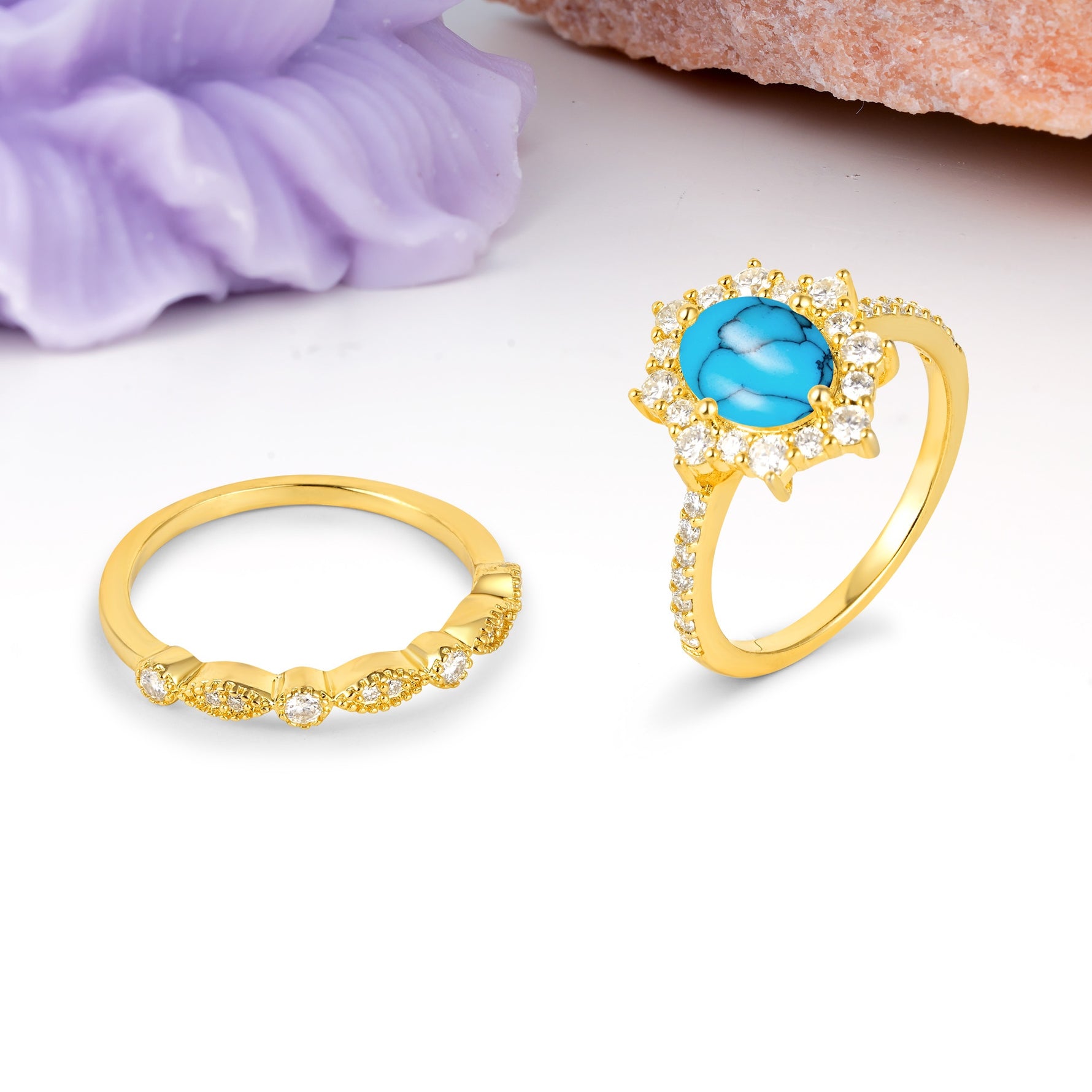 Minimal Polished Inner Band Two In One Oval Cut Halo Vintage Lace Stackable Turquoise Bridal ring set - White-Gold