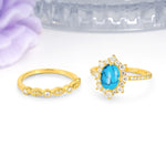 Minimal Polished Inner Band Two In One Oval Cut Halo Vintage Lace Stackable Turquoise Bridal ring set - Additional view