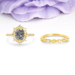Minimal Polished Inner Band Two In One Oval Cut Halo Vintage Lace Stackable Black Rutilated Quartz Bridal ring set - Yellow-Gold