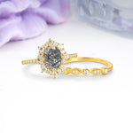 Minimal Polished Inner Band Two In One Oval Cut Halo Vintage Lace Stackable Black Rutilated Quartz Bridal ring set - Rose-Gold