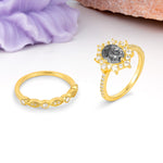Minimal Polished Inner Band Two In One Oval Cut Halo Vintage Lace Stackable Black Rutilated Quartz Bridal ring set - White-Gold