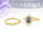 Minimal Polished Inner Band Two In One Oval Cut Halo Vintage Lace Stackable Black Rutilated Quartz Bridal ring set - Additional view