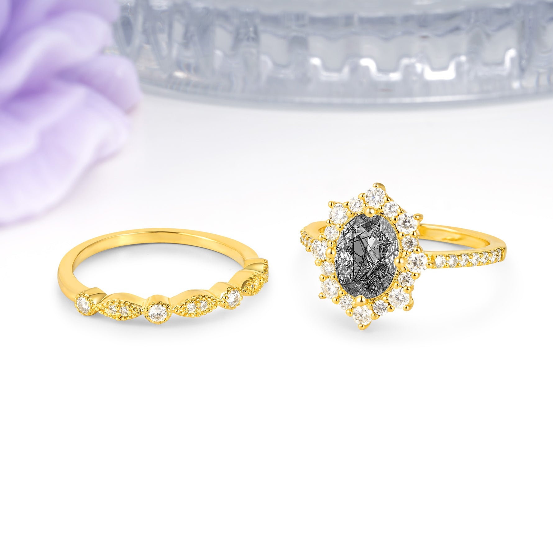 Minimal Polished Inner Band Two In One Oval Cut Halo Vintage Lace Stackable Black Rutilated Quartz Bridal ring set - Additional view