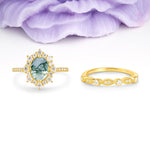 Minimal Polished Inner Band Two In One Oval Cut Halo Vintage Lace Stackable Moss Agate Bridal ring set - Yellow-Gold