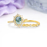 Minimal Polished Inner Band Two In One Oval Cut Halo Vintage Lace Stackable Moss Agate Bridal ring set - Rose-Gold