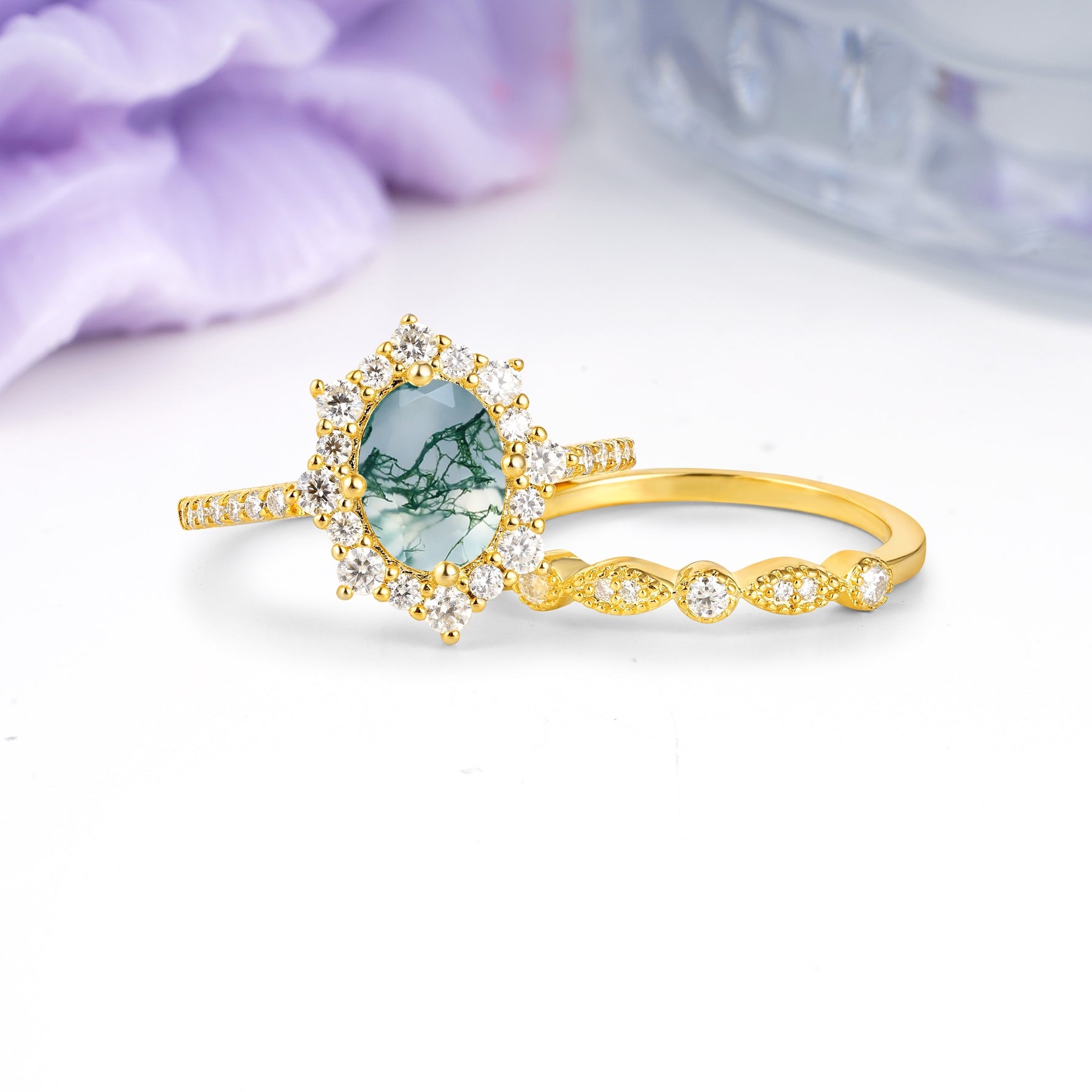 Minimal Polished Inner Band Two In One Oval Cut Halo Vintage Lace Stackable Moss Agate Bridal ring set - Rose-Gold