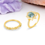 Minimal Polished Inner Band Two In One Oval Cut Halo Vintage Lace Stackable Moss Agate Bridal ring set - White-Gold