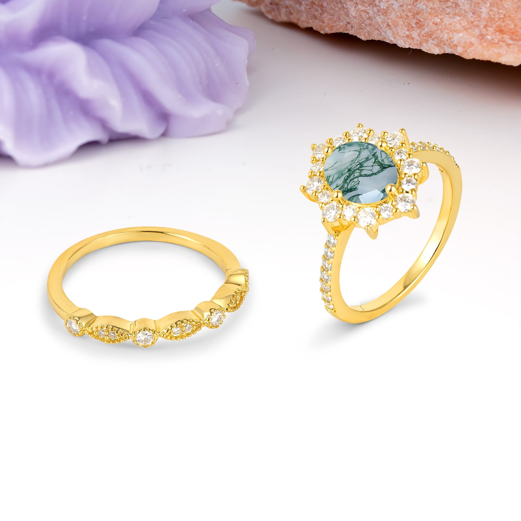 Minimal Polished Inner Band Two In One Oval Cut Halo Vintage Lace Stackable Moss Agate Bridal ring set - White-Gold